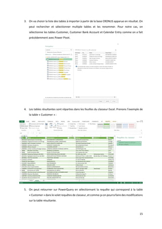 15
3. On va choisir la liste des tables à importer à partir de la base CRONUS apparue en résultat. On
peut rechercher et sélectionner multiple tables et les renommer. Pour notre cas, on
sélectionne les tables Customer, Customer Bank Account et Calendar Entry comme on a fait
précédemment avec Power Pivot.
4. Les tables résultantes sont réparties dans les feuilles du classeur Excel. Prenons l’exemple de
la table « Customer » :
5. On peut retourner sur PowerQuery en sélectionnant la requête qui correspond à la table
« Customer » dans le volet requêtes de classeur, et comme ça on pourra faire des modifications
sur la table résultante.
 