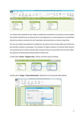 7
Les relations dans PowerPivot sont créées en établissant manuellement une jointure entre les tables
de la fenêtre PowerPivot ou les colonnes de la vue de diagramme, ou automatiquement, si PowerPivot
détecte des relations existantes lors de l'importation de données dans un classeur PowerPivot.
On crée une relation manuellement en établissant une jointure entre les deux tables qui contiennent
des données similaires ou identiques. Par exemple, les tables Customer et Customer Bank Account
sont associées par les colonnes Numéro (No, Customer No) qui sont présentes dans les deux tables.
Ces colonnes ne doivent pas forcément porter le même nom.
Il suffit d’aller à Home > Diagram View > Glisser une flèche entre les champs
Ou bien aller à Design > Create Relationship > Sélectionner les champs des tables désirés
 
