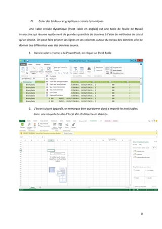 8
IV. Créer des tableaux et graphiques croisés dynamiques.
Une Table croisée dynamique (Pivot Table en anglais) est une table de feuille de travail
interactive qui résume rapidement de grandes quantités de données à l'aide de méthodes de calcul
qu’on choisit. On peut faire pivoter ses lignes et ses colonnes autour du noyau des données afin de
donner des différentes vues des données source.
1. Dans le volet « Home » de PowerPivot, on clique sur Pivot Table
2. L’écran suivant apparaît, on remarque bien que power pivot a importé les trois tables
dans une nouvelle feuille d’Excel afin d’utiliser leurs champs
 