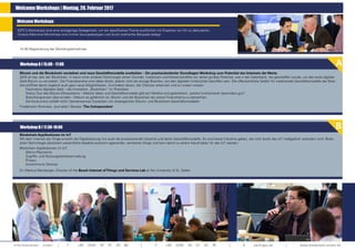 Informationen unter: | T +49 (0)30 20 91 33 88 | F +49 (0)30 20 91 32 40 | E eq@iqpc.de | www.blockchain-event.de
B
Welcome Workshops | Montag, 20. Februar 2017						
Welcome Workshops
IQPC’s Workshops sind eine einzigartige Gelegenheit, um ein spezifisches Thema ausführlich mit Experten vor Ort zu diskutieren.
Unsere Welcome Workshops sind immer lösungsbezogen und durch praktische Beispiele belegt.
A
Bitcoin und die Blockchain verstehen und neue Geschäftsmodelle erarbeiten – Ein praxisorientierter Grundlagen-Workshop zum Potential des Internets der Werte.
2016 ist das Jahr der Blockchain. In kaum einer anderen Technologie sehen Gründer, Investoren und Wissenschaftler ein derart großes Potential, wie in der Datenbank, die geschaffen wurde, um das erste digitale
Geld Bitcoin zu verwalten. Die Finanzbranche wird dabei direkt, jedoch nicht als einzige Branche, von den digitalen Umbrüchen betroffen sein. Die offensichtliche Gefahr für traditionelle Geschäftsmodelle der Bran-
che eröffnet damit sogleich auch ganz neue Möglichkeiten. Zumindest denen, die Chancen erkennen und zu nutzen wissen.
•	 Faszination digitales Geld – die Innovation „Blockchain“ im Praxistest
•	 Status Quo des Bitcoin-Ökosystems – Welche Ideen und Geschäftsmodelle gibt es? Welche sind gescheitert, welche funktionieren besonders gut?
•	 Branchengrenzen überwinden – Warum es gefährlich ist, Bitcoin und die Blockchain als reines Finanzthema zu betrachten.
•	 Die Konkurrenz schläft nicht! Gemeinsames Erarbeiten von strategischen Bitcoin- und Blockchain-Geschäftsmodellen
Friedemann Brenneis, Journalist / Berater, The Coinspondent
Blockchain Applikationen im IoT
Mit dem Internet der Dinge erreicht die Digitalisierung nun auch die produzierende Industrie und deren Geschäftsmodelle. Es wird keine Industrie geben, die nicht durch das IoT maßgeblich verändert wird. Block-
chain-Technologie adressiert wesentliche Aspekte autonom agierender, vernetzter Dinge und kann damit zu einem Key-Enabler für das IoT werden.
Blockchain Applikationen im IoT
•	(Micro-)Payments
•	 Zugriffs- und Nutzungsrechteverwaltung
•	Privacy
•	 Autonomous Devices
Dr. Markus Weinberger, Director of the Bosch Internet ofThings und Services Lab at the University of St. Gallen
Workshop B I 17:30-19:00
Workshop A I 15:00 - 17:00
14:30 Registrierung der Workshopteilnehmer
 