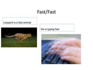 Fast/Fast
He is typing fast
Leopard is a fast animal.
 