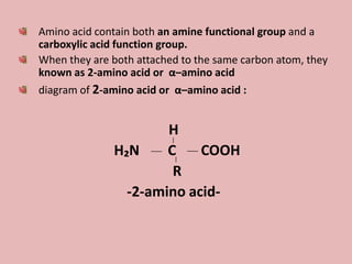 Amino acid contain both an amine functional group and a
carboxylic acid function group.
When they are both attached to the same carbon atom, they
known as 2-amino acid or α–amino acid
diagram of 2-amino acid or α–amino acid :


                      H
              H₂N     C    COOH
                       R
                -2-amino acid-
 
