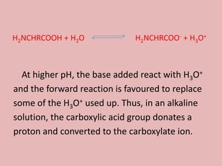 H2NCHRCOOH + H2O              H2NCHRCOO- + H3O+



  At higher pH, the base added react with H3O+
and the forward reaction is favoured to replace
some of the H3O+ used up. Thus, in an alkaline
solution, the carboxylic acid group donates a
proton and converted to the carboxylate ion.
 