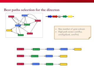 103
Best paths selection for the directon
«  Max number of gene colours
«  High path scores (scoreRea,
scorePageRank, scoreProt)
 