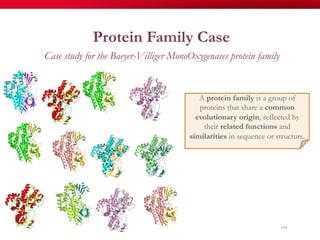 104
Protein Family Case
Case study for the Baeyer-Villiger MonoOxygenases protein family
A protein family is a group of
proteins that share a common
evolutionary origin, reflected by
their related functions and
similarities in sequence or structure.
 