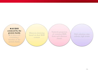 106
★All RMS
catalysed by the
protein family
★All directons
containing a
member of the
protein family
Directon clustering
based on their RMS
content
Network projection
of common RMS
from each directon
cluster
Path selection: max
colours, high scores
 