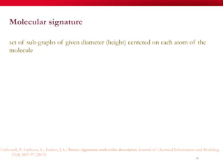 50
Molecular signature
set of sub-graphs of given diameter (height) centered on each atom of the
molecule
Carbonell, P., Carlsson, L., Faulon, J.-L.: Stereo signature molecular descriptor. Journal of Chemical Information and Modeling
53(4), 887–97 (2013)
 