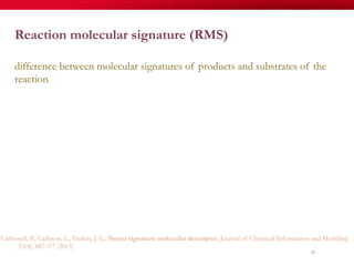 56
Reaction molecular signature (RMS)
difference between molecular signatures of products and substrates of the
reaction
Carbonell, P., Carlsson, L., Faulon, J.-L.: Stereo signature molecular descriptor. Journal of Chemical Information and Modeling
53(4), 887–97 (2013)
 