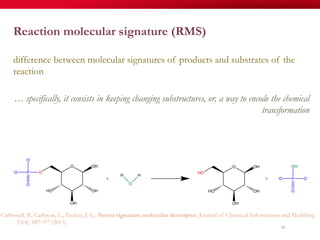 58
Reaction molecular signature (RMS)
difference between molecular signatures of products and substrates of the
reaction
… specifically, it consists in keeping changing substructures, or, a way to encode the chemical
transformation
Carbonell, P., Carlsson, L., Faulon, J.-L.: Stereo signature molecular descriptor. Journal of Chemical Information and Modeling
53(4), 887–97 (2013)
 