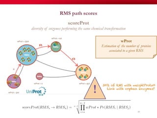 RMS path scores
89
wProt
Estimation of the number of proteins
associated to a given RMS
scoreProt
diversity of enzymes performing the same chemical transformation
30% of RMS with weightProt=0
Link with orphan enzymes?
!
 