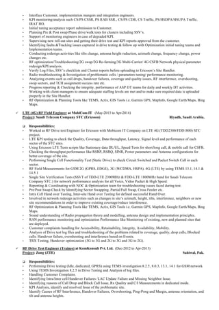 • Interface Customer, implementation mangers and integration engineers.
• KPI monitoring/analysis such CS/PS CSSR, PS RAB SSR., CS/PS CDR, CS Traffic, PS/HSDPA/HSUPA Traffic,
IRAT HO.
• Initial tuning acceptance report submission to Customer.
• Planning Pre & Post swap Phase drive/walk tests for clusters including SSV’s.
• Support of monitoring engineers in case of degraded KPI.
• Supervising new roll out sites and getting their drive test and KPI reports approved from the customer.
• Identifying faults &Tracking issues captured in drive testing & follow up with Optimization initial tuning teams and
Implementation teams.
• Conducting redesign activities like tilts change, antenna height reduction, azimuth change, frequency change, power
changes etc.
• RF optimization/Troubleshooting/2G swap/2G Re-farming/3G Multi-Carrier/ 4G CSFB Network physical parameter
redesign/KPI analysis.
• Verify Log Files, SSV’s checklists and Cluster reports before uploading to Ericsson’s Site Handler.
• Radio troubleshooting & Investigation of problematic cells / parameters tuning/ performance monitoring.
• Analyzing events such as call drops, handover failures, coverage and quality issues, RF interference, overshooting,
swap sectors, and TCH assignment success rate etc.
• Progress reporting & Checking the integrity, performance of ASP DT teams for daily and weekly DT activities.
• Working with client managers to ensure adequate staffing levels are met and to make sure required data is uploaded
properly in the Site Handler.
• RF Optimization & Planning Tools like TEMS, Actix, GIS Tools i.e. Garmin GPS, MapInfo, Google Earth/Maps, Bing
Maps.
 LTE (4G) RF Field Engineer at MobiCom IT (May-2013 to Apr-2014)
Project: Saudi Telecom Company STC (Ericsson) Riyadh, Saudi Arabia.
 Responsibilities:
• Worked as RF Drive test Engineer for Ericsson with Mobicom IT Company on LTE 4G (TDD2300/FDD1800) STC
project.
• LTE KPI testing to check the Quality, Coverage, Data throughput, Latency, Signal level and performance of each
sector of the STC sites.
• Using Ericsson LTE Tests scripts like Stationary data DL/UL, Speed Tests for short/long call, & mobile call for CSFB.
• Checking the throughput performance like RSRP, RSRQ, SINR, Power parameters and Antenna configurations for
better coverage of the site.
• Performing Single Cell Functionality Test (Static Drive) to check Circuit Switched and Packet Switch Call in each
sector.
• RF Field Measurements for GSM 2G (GPRS, EDGE), 3G (WCDMA, HSPA). 4G (LTE) by using TEMS 13.1, 14.1 &
14.5.1
• Single Site Verification Tests (SSVT of TDD-LTE 2300MHz & FDD-LTE 1800MHz band for Saudi Telecom
Company STC.) for network performance analysis for all Voice, Video Packet & High Speed.
• Reporting & Coordinating with NOC & Optimization team for troubleshooting issues faced during test.
• Pre/Post Swap Check by Identifying Sector Swapping, Partial/Full Swap, Cross Feeder etc.
• Intra Cell Hand over Testing, Inter-site Hand over Testing for defined successful Hand Over.
• Involved in network redesign activities such as changes in site’s azimuth, height, tilts, interference, neighbors or new
site recommendations in order to improve existing coverage/reduce interference.
• RF Optimization & Planning Tools like TEMS, Actix, GIS Tools i.e. Garmin GPS, MapInfo, Google Earth/Maps, Bing
Maps.
• Sound understanding of Radio propagation theory and modelling, antenna design and implementation principles.
• RAN performance monitoring and optimization Performance like Monitoring of existing, new and planned sites that
are deployed.
• Customer complaints handling for Accessibility, Retainability, Integrity, Availability, Mobility.
• Analysis of Drive test log files and troubleshooting of the problems related to coverage, quality, drop calls, Blocked
calls. Handover failure, overshooting and interference based on Events.
• TRX Testing, Handover optimization (3G to 3G and 2G to 3G and 3G to 2G).
 RF Drive Test Engineer (Trainee) at KomKonsult Pvt. Ltd. (Dec-2012 to Apr-2013)
Project: Zong (ZTE) Sahiwal, Pak.
 Responsibilities:
• Performing Drive testing (Idle, dedicated, GPRS) using TEMS investigation 8.2.5, 8.0.3, 13.1, 14.1 for GSM network
• Using TEMS Investigation 8.2.5 in Drive Testing and Analysis of log files.
• Handling Customer Complains.
• Identifying Intra/Inter cell Handover Failures /LAC Update Failure and Missing Neighbor Issue.
• Identifying reasons of Call Drop and Block Call Issue, Rx Quality and C/I Measurements in dedicated mode.
• KPI Analysis, identify and resolved Issue of the problematic site.
• Identify Causes of RF Interference, Handover Failures, Overshooting, Ping-Pong and Margin, antenna orientation, and
tilt and antenna heights.
 