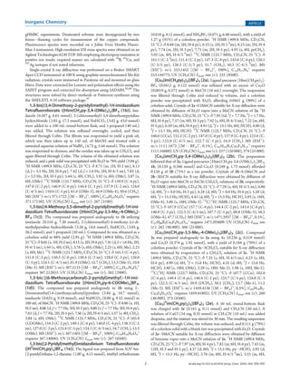 J dx.doi.org/10.1021/ic201053t |Inorg. Chem. XXXX, XXX, 000–000
Inorganic Chemistry ARTICLE
gHMBC experiments. Deuterated solvents were deoxygenized by two
freezeÀthawing cycles for measurement of the copper compounds.
Fluorescence spectra were recorded on a Jobin Yvon Horiba Fluoro-
Max-3 instrument. High-resolution ESI mass spectra were obtained on an
AgilentTechnologies6230 TOF-MS employingelectrosprayionization in
positive ion mode; required masses are calculated with 10
B, 63
Cu, and
107
Ag isotopes if not noted otherwise.
Single-crystal X-ray diﬀraction was performed on a Bruker SMART
Apex CCD instrument at 100 K using graphite-monochromated Mo KR
radiation; crystals were immersed in Paratone oil and mounted on glass
ﬁbers. Data were corrected for Lorentz and polarization eﬀects using the
SAINT program and corrected for absorption using SADABS.85,86
The
structures were solved by direct methods or Patterson syntheses using
the SHELXTL 6.10 software package.87
1,3-bis[(3,4-Dimethoxy-2-pyridyl)methyl]-1H-imidazolium
Tetrafluoroborate ([Him(CH2py-3,4-(OMe)2)2]BF4 (1b)). Imi-
dazole (0.587 g, 8.61 mmol), 2-(chloromethyl)-3,4-dimethoxypyridine
hydrochloride (3.85 g, 17.2 mmol), and NaHCO3 (3.62 g, 43.0 mmol)
were added to a 100 mL round-bottom flask, and 1-propanol (40 mL)
was added. The solution was refluxed overnight, cooled, and then
filtered through Celite. The filtrate was evaporated to yield a pink oil,
which was then taken up in 150 mL of MeOH and treated with a
saturated aqueous solution of NaBF4 (4.72 g, 5.44 mmol). The solution
was evaporated to dryness, and the residue was taken up in CH2Cl2 and
again filtered through Celite. The volume of the obtained solution was
reduced, and a pink solid was precipitated with Et2O in 78% yield (3.94 g).
1
H NMR (499.8 MHz, CD3CN, 25 °C): δ 8.71 (m, 1H, H-2 im), 8.13
(d, J = 5.5 Hz, 2H, H-6 py), 7.42 (d, J = 1.6 Hz, 2H, H-4/5 im), 7.03 (d,
J = 5.5 Hz, 2H, H-5 py), 5.44 (s, 4H, CH2), 3.92 (s, 6H, OMe), 3.87 (s,
6H, OMe). 13
C NMR (125.7 MHz, CD3CN, 25 °C): δ 159.9 (C-4 py),
147.0 (C-2 py), 146.9 (C-6 py), 144.4 (C-3 py), 137.9 (C-2 im), 124.0
(C-4/5 im), 110.0 (C-5 py), 61.6 (OMe-3), 56.9 (OMe-4), 50.6 (CH2).
MS (ESI+
): m/z 371.1722 [(M À BF4)+
, 100%], C19H23N4O4
+
requires
371.171382. UV (CH3CN) λmax, nm (ε): 267 (5100).
1,3-bis[(4-Methoxy-3,5-dimethyl-2-pyridyl)methyl]-1H-imi-
dazolium Tetrafluoroborate ([Him(CH2py-3,5-Me2-4-OMe)2]-
BF4 (1c)). The compound was prepared analogously to 1b utilizing
imidazole (0.510 g, 7.30 mmol), 2-(chloromethyl)-4-methoxy-3,5-di-
methylpyridine hydrochloride (3.26 g, 14.6 mmol), NaHCO3 (3.04 g,
36.2 mmol), and 1-propanol (50 mL). Compound 1c was obtained as a
colorless solid in 88% yield (2.95 g). 1
H NMR (499.8 MHz, CD3CN,
25 °C): δ 8.65 (s, 1H, H-2 im), 8.13 (s, 2H, H-6 py), 7.41 (d, J = 1.6 Hz, 2H,
H-4/5 im), 5.44 (s, 4H, CH2), 3.76 (s, 6H, OMe), 2.25 (s, 6H, Me), 2.23
(s, 6H, Me). 13
C NMR (125.7 MHz, CD3CN, 25 °C): δ 165.3 (C-4 py),
151.8 (C-2 py), 150.3 (C-6 py), 138.4 (C-2 im), 128.0 (C-3 py), 126.0
(C-5 py), 124.1 (C-4/5 im), 61.9 (OMe), 52.7 (CH2), 13.5 (Me-5), 10.8
(Me-3). MS (ESI+
): m/z 367.2133 [(M À BF4)+
, 100%], C21H27N4O2
+
requires 367.212853. UV (CH3CN) λmax, nm (ε): 262 (2900).
1,3-bis{[(6-Methoxycarbonyl)-2-pyridyl]methyl}-1H-imi-
dazolium Tetrafluoroborate ([Him(CH2py-6-COOMe)2]BF4,
(1d)). The compound was prepared analogously to 1b using 2--
(bromomethyl)-6-(methoxycarbonyl)pyridine (3.84 g, 16.7 mmol),
imidazole (0.625 g, 9.19 mmol), and NaHCO3 (8.00 g, 9.52 mmol) in
100 mL of MeCN. 1
H NMR (499.8 MHz, CD3CN, 25 °C): δ 8.96 (s, 1H,
H-2 im), 8.06 (d, J = 7.7 Hz, 2H, H-3 py), 8.00 (t, J = 7.7 Hz, 2H, H-4 py),
7.63 (d, J = 7.7 Hz, 2H, H-5 py), 7.56 (s, 2H, H-4/5 im), 5.57 (s, 4H, CH2),
3.88 (s, 6H, OMe). 13
C NMR (125.7 MHz, CD3CN, 25 °C): δ 165.9
(COOMe), 154.3 (C-2 py), 149.1 (C-6 py), 140.0 (C-4 py), 138.3 (C-2
im), 127.0 (C-3 py), 125.8 (C-5 py), 124.3 (C-4/5 im), 54.7 (CH2), 53.3
(OMe). MS (ESI+
): m/z 367.1403 [(M À BF4)+
, 100%], C19H19N4O4
+
requires 367.140082. UV (CH3CN) λmax, nm (ε): 267 (6200).
1,3-bis[(2-Pyridyl)methyl]imidazolinium Tetrafluoroborate
([HS
im(CH2py)2]BF4, (1e)). The ligand was prepared from N,N0
-bis-
(2-pyridyl)ethane-1,2-diamine (1.00 g, 4.13 mmol), triethyl orthoformate
(0.610 g, 4.12 mmol), and NH4BF4 (0.671 g, 6.40 mmol), with a yield of
1.27 g (91%) of a colorless powder. 1
H NMR (499.8 MHz, CD3CN,
25 °C): δ 8.68 (m, 2H, H-6 py), 8.33 (s, 1H, H-2 S
im), 8.23 (m, 2H, H-4
py), 7.74 (m, 2H, H-3 py), 7.71 (m, 2H, H-5 py), 4.93 (s, 4H, pyCH2),
3.92 (m, 4H, H-4/5 S
im). 13
C NMR (125.7 MHz, CD3CN, 25 °C): δ
161.1 (C-2 S
im), 151.4 (C-2 py), 147.3 (C-6 py), 143.6 (C-4 py), 126.5
(C-3/5 py), 126.3 (C-5/3 py), 51.7 (CH2), 50.3 (C-4/5 S
im). MS
(ESI+
): m/z 253.1452 [(M À BF4)+
, 100%], C15H17N4
+
requires
253.144773. UV (CH3CN) λmax, nm (ε): 255 (8500).
[Cu3(im(CH2py)2)3](BF4)3 (2a). Ligand precursor [Him(CH2py)2]-
BF4 (0.0412 g, 0.122 mmol) was refluxed with an excess of Cu2O
(0.0819 g, 0.572 mmol) in MeCN (10 mL) overnight. The suspension
was filtered through Celite and reduced in volume, and a colorless
powder was precipitated with Et2O, affording 0.0441 g (90%) of a
colorless solid. Crystals of 2a30.5MeCN suitable for X-ray diffraction were
obtained by diffusion of Et2O vapor into a MeCN solution of 2a. 1
H
NMR (499.8 MHz, CD3CN, 25 °C): δ 7.95 (td, 3
J = 7.7 Hz, 4
J = 1.7 Hz,
6H, H-4 py), 7.57 (m, 6H, H-3 py), 7.42 (s, 6H, H-4/5 im), 7.22 (m, 6H,
H-5 py), 6.59 (m, 6H, H-6 py), 4.91 (d, 2
J = 15.1 Hz, 6H, HCH), 4.80 (d,
2
J = 15.1 Hz, 6H, HCH). 13
C NMR (125.7 MHz, CD3CN, 25 °C): δ
166.6 (CCu), 151.2 (C-2 py), 147.0 (C-6 py), 137.9 (C-4 py), 123.6 (C-
5 py), 123.0 (C-4/5 im), 122.7 (C-3 py), 54.0 (CH2). MS (ESI+
):
m/z 1111.1672 [(M À BF4)+
, 0.1%], C45H42B2Cu3F8N12
+
requires
1111.166882. UV (CH3CN) λmax, nm (ε): 257 (120 000), 374 (25 000).
[Cu3(im(CH2py-3,4-(OMe)2)2)3](BF4)3 (2b). The preparation
followed that of 2a. Ligand precursor [Him(CH2py-3,4-(OMe)2)2]BF4,
1b, (0.159 g, 0.346 mmol) and Cu2O (0.249 g, 1.73 mmol) afforded
0.128 g of 2b (71%) as a tan powder. Crystals of 2b 3 6.5MeCN and
2b 3 3EtCN suitable for X-ray diffraction were obtained by diffusion of
Et2O vapor into MeCN or EtCN/CH2Cl2 solutions of 2b, respectively.
1
H NMR (499.8 MHz, CD3CN, 25 °C): δ 7.29 (s, 6H, H-4/5 im), 6.80
(d, 6H, 3
J = 6.0 Hz, H-5 py), 6.28 (d, 6H, 3
J = 6.0 Hz, H-6 py), 5.28 (d,
6H, 2
J = 15.3 Hz, HCH), 4.43 (d, 6H, 2
J = 15.3 Hz, HCH), 3.93 (s, 18H,
OMe-4), 3.88 (s, 18H, OMe-3). 13
C{1
H} NMR (125.7 MHz, CD3CN,
25 °C): δ 167.9 (CCu) 157.7 (C-4 py), 144.4 (C-2 py), 143.4 (C-6 py),
140.8 (C-3 py), 122.3 (C-4/5 im), 107.7 (C-5 py), 60.8 (OMe-3), 56.2
(OMe-4), 47.7 (CH2). MS (ESI+
): m/z 1471.2937 [(M À BF4)+
, 0.1%],
C57H66B2Cu3F8N12O12
+
requires 1471.293609. UV (CH3CN) λmax, nm
(ε): 262 (98 000), 366 (25 000).
[Cu3(im(CH2py-3,5-Me2-4-OMe)2)3](BF4)3 (2c). Compound
2c was prepared analogously to 2a using 1c (0.236 g, 0.519 mmol)
and Cu2O (0.374 g, 1.92 mmol), with a yield of 0.184 g (70%) of a
colorless powder. Crystals of 2c 3 3CH2Cl2 suitable for X-ray diffraction
were obtained by evaporation of a CH2Cl2 solution of 2c. 1
H NMR
(499.8 MHz, CD3CN, 25 °C): δ 7.35 (s, 6H, H-4/5 im), 6.23 (s, 6H,
H-6 py), 4.99 (d, 6H, 2
J = 15.6 Hz, HCH), 4.35 (d, 6H, 2
J = 15.6 Hz,
HCH), 3.80 (s, 18H, OMe), 2.29 (s, 18H, Me-3), 1.98 (s, 18H, Me-5).
13
C{1
H} NMR (125.7 MHz, CD3CN, 25 °C): δ 167.7 (CCu), 162.8
(C-4 py), 149.4 (C-6 py), 146.4 (C-2 py), 125.7 (C-5 py), 124.0 (C-3
py), 122.3 (C-4/5 im), 59.9 (OCH3), 50.2 (CH2), 13.7 (Me-5), 11.2
(Me-3). MS (ESI+
): m/z 1459.4156 [(M À BF4)+
, 0.5%], C63H78B2-
Cu3F8N12O6
+
requires 1459.418021. UV (CH3CN) λmax, nm (ε): 260
(48 000), 373 (8300).
[Cu3(S
im(CH2py)2)3](BF4)3 (2e). A 50 mL round-bottom flask
was charged with 3e (0.161 g, 0.11 mmol) and CH3CN (30 mL). A
solution of CuCl (34 mg, 0.35 mmol) in CH3CN (10 mL) was added
dropwise, and the mixture was stirred for 30 min. The resulting suspension
was filtered through Celite, the volume was reduced, and 0.111 g (79%)
of a colorless solid with a bluish tint was precipitated with Et2O. Crystals
of 2e 3 3MeCN suitable for X-ray diffraction were obtained by diffusion
of benzene vapor into a MeCN solution of 2e. 1
H NMR (499.8 MHz,
CD3CN, 25 °C): δ 7.97 (m, 6H, H-4 py), 7.82 (m, 6H, H-6 py), 7.43 (m,
12H, H-3 and H-5 py), 4.27 (d, 6H, 2
J = 15.5 Hz, pyÀHCH), 3.92 (d,
6H, 2
J = 15.5 Hz, pyÀHCH), 3.76 (m, 6H, H-4/5 S
im), 3.55 (m, 6H,
 