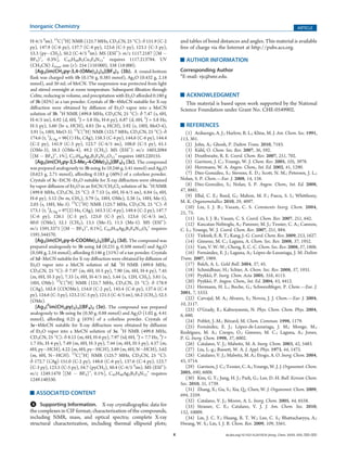 K dx.doi.org/10.1021/ic201053t |Inorg. Chem. XXXX, XXX, 000–000
Inorganic Chemistry ARTICLE
H-4/5 S
im). 13
C{1
H} NMR (125.7 MHz, CD3CN, 25 °C): δ 151.9 (C-2
py), 147.9 (C-6 py), 137.7 (C-4 py), 123.6 (C-5 py), 123.1 (C-3 py),
53.3 (pyÀCH2), 50.2 (C-4/5 S
im). MS (ESI+
): m/z 1117.2187 [(M À
BF4)+
, 0.3%], C45H48B2Cu3F8N12
+
requires 1117.213784. UV
(CH3CN) λmax, nm (ε): 254 (110 000), 338 (18 000).
[Ag3(im(CH2py-3,4-(OMe)2)2)3](BF4)3 (3b). A round-bottom
flask was charged with 1b (0.176 g, 0.385 mmol), Ag2O (0.432 g, 2.18
mmol), and 30 mL of MeCN. The suspension was protected from light
and stirred overnight at room temperature. Subsequent filtration through
Celite, reducing in volume, and precipitation with Et2O afforded 0.180 g
of 3b (82%) as a tan powder. Crystals of 3b 3 4MeCN suitable for X-ray
diffraction were obtained by diffusion of Et2O vapor into a MeCN
solution of 3b. 1
H NMR (499.8 MHz, CD3CN, 25 °C): δ 7.47 (s, 6H,
H-4/5 im), 6.92 (d, 6H, 3
J = 5.8 Hz, H-6 py), 6.87 (d, 6H, 3
J = 5.8 Hz,
H-5 py), 5.60 (br s, HCH), 4.83 (br s, HCH), 3.92 (s, 18H, MeO-4),
3.91 (s, 18H, MeO-3). 13
C{1
H} NMR (125.7 MHz, CD3CN, 25 °C): δ
174.6 (t, 1
JCAg = 96(1) Hz, CAg), 158.3 (C-4 py), 144.6 (C-6 py), 144.4
(C-2 py), 141.9 (C-3 py), 123.7 (C-4/5 im), 108.0 (C-5 py), 61.1
(OMe-3), 58.3 (OMe-4), 49.2 (CH2). MS (ESI+
): m/z 1603.2084
[(M À BF4)+
, 1%], C57H66Ag3B2F8N12O12
+
requires 1603.220155.
[Ag3(im(CH2py-3,5-Me2-4-OMe)2)3](BF4)3 (3c). The compound
was prepared analogously to 3b using 1c (0.246 g, 5.41 mmol) and Ag2O
(0.623 g, 2.71 mmol), affording 0.183 g (60%) of a colorless powder.
Crystals of 3c 3 EtCN 3 Et2O suitable for X-ray diffraction were obtained
by vapor diffusion of Et2O in an EtCN/CH2Cl2 solution of 3c. 1
H NMR
(499.8 MHz, CD3CN, 25 °C): δ 7.53 (s, 6H, H-4/5 im), 6.84 (s, 6H,
H-6 py), 5.12 (br m, CH2), 3.79 (s, 18H, OMe), 2.38 (s, 18H, Me-5),
2.03 (s, 18H, Me-3). 13
C{1
H} NMR (125.7 MHz, CD3CN, 25 °C): δ
173.1 (t, 1
JCAg = 97(2) Hz, CAg), 163.3 (C-4 py), 149.4 (C-2 py), 147.7
(C-6 py), 126.1 (C-5 py), 125.0 (C-3 py), 123.6 (C-4/5 im),
60.0 (OMe), 52.1 (CH2), 13.5 (Me-3), 11.5 (Me-5). MS (ESI+
):
m/z 1591.3371 [(M À BF4)+
, 0.1%], C63H78Ag3B2F8N12O6
+
requires
1591.344570.
[Ag3(im(CH2py-6-COOMe)2)3](BF4)3 (3d). The compound was
prepared analogously to 3b using 1d (0.231 g, 0.508 mmol) and Ag2O
(0.588 g, 2.54 mmol), affording 0.146 g (51%) of a tan powder. Crystals
of 3d 3 MeCN suitable for X-ray diffraction were obtained by diffusion of
Et2O vapor into a MeCN solution of 3d. 1
H NMR (499.8 MHz,
CD3CN, 25 °C): δ 7.97 (m, 6H, H-5 py), 7.90 (m, 6H, H-4 py), 7.45
(m, 6H, H-3 py), 7.33 (s, 6H, H-4/5 im), 5.44 (s, 12H, CH2), 3.81 (s,
18H, OMe). 13
C{1
H} NMR (125.7 MHz, CD3CN, 25 °C): δ 178.9
(CAg), 162.8 (COOMe), 154.0 (C-2 py), 145.4 (C-6 py), 137.4 (C-4
py), 124.6 (C-3 py), 123.2 (C-5 py), 121.5 (C-4/5 im), 56.2 (CH2), 52.5
(OMe).
[Ag3(S
im(CH2py)2)3](BF4)3 (3e). The compound was prepared
analogously to 3b using 1e (0.30 g, 0.88 mmol) and Ag2O (1.02 g, 4.41
mmol), affording 0.25 g (63%) of a colorless powder. Crystals of
3e 3 4MeCN suitable for X-ray diffraction were obtained by diffusion
of Et2O vapor into a MeCN solution of 3e. 1
H NMR (499.8 MHz,
CD3CN, 25 °C): δ 8.12 (m, 6H, H-6 py), 7.97 (td, 6H, 3
J = 7.7 Hz, 4
J =
1.7 Hz, H-4 py), 7.49 (m, 6H, H-3 py), 7.44 (m, 6H, H-5 py), 4.57 (m,
6H, pyÀHCH), 4.22 (m, 6H, pyÀHCH), 3.89 (m, 6H, NÀHCH), 3.62
(m, 6H, NÀHCH). 13
C{1
H} NMR (125.7 MHz, CD3CN, 25 °C):
δ 172.7 (CAg) 151.0 (C-2 py), 148.6 (C-6 py), 137.6 (C-4 py), 123.7
(C-3 py), 123.5 (C-5 py), 54.7 (pyCH2), 50.4 (C-4/5 S
im). MS (ESI+
):
m/z 1249.1470 [(M À BF4)+
, 0.1%], C45H48Ag3B2F8N12
+
requires
1249.140330.
’ ASSOCIATED CONTENT
bS Supporting Information. X-ray crystallographic data for
the complexes in CIF format; characterization of the compounds,
including NMR, mass, and optical spectra; complete X-ray
structural characterization, including thermal ellipsoid plots;
and tables of bond distances and angles. This material is available
free of charge via the Internet at http://pubs.acs.org.
’ AUTHOR INFORMATION
Corresponding Author
*E-mail: vjc@unr.edu.
’ ACKNOWLEDGMENT
This material is based upon work supported by the National
Science Foundation under Grant No. CHE-0549902.
’ REFERENCES
(1) Arduengo, A. J.; Harlow, R. L.; Kline, M. J. Am. Chem. Soc. 1991,
113, 361.
(2) John, A.; Ghosh, P. Dalton Trans. 2010, 7183.
(3) K€uhl, O. Chem. Soc. Rev. 2007, 36, 592.
(4) Douthwaite, R. E. Coord. Chem. Rev. 2007, 251, 702.
(5) Garrison, J. C.; Youngs, W. J. Chem. Rev. 2005, 105, 3978.
(6) Herrmann, W. A. Angew. Chem., Int. Ed. 2002, 41, 1290.
(7) Díez-Gonzalez, S.; Stevens, E. D.; Scott, N. M.; Petersen, J. L.;
Nolan, S. P. Chem.—Eur. J. 2008, 14, 158.
(8) Díez-Gonzalez, S.; Nolan, S. P. Angew. Chem., Int. Ed. 2008,
47, 8881.
(9) Ellul, C. E.; Reed, G.; Mahon, M. F.; Pascu, S. I.; Whittlesey,
M. K. Organometallics 2010, 29, 4097.
(10) Lin, I. J. B.; Vasam, C. S. Comments Inorg. Chem. 2004,
25, 75.
(11) Lin, I. J. B.; Vasam, C. S. Coord. Chem. Rev. 2007, 251, 642.
(12) Kascatan-Nebioglu, A.; Panzner, M. J.; Tessier, C. A.; Cannon,
C. L.; Youngs, W. J. Coord. Chem. Rev. 2007, 251, 884.
(13) Tiekink, E. R. T.; Kang, J.-G. Coord. Chem. Rev. 2009, 253, 1627.
(14) Gimeno, M. C.; Laguna, A. Chem. Soc. Rev. 2008, 37, 1952.
(15) Yam, V. W.-W.; Cheng, E. C.-C. Chem. Soc. Rev. 2008, 37, 1806.
(16) Fernandez, E. J.; Laguna, A.; Lopez-de-Luzuriaga, J. M. Dalton
Trans. 2007, 1969.
(17) Balch, A. L. Gold Bull. 2004, 37, 45.
(18) Schmidbaur, H.; Schier, A. Chem. Soc. Rev. 2008, 37, 1931.
(19) Pyykk€o, P. Inorg. Chim. Acta 2005, 358, 4113.
(20) Pyykk€o, P. Angew. Chem., Int. Ed. 2004, 43, 4412.
(21) Hermann, H. L.; Boche, G.; Schwerdtfeger, P. Chem.—Eur. J.
2001, 7, 5333.
(22) Carvajal, M. A.; Alvarez, S.; Novoa, J. J. Chem.—Eur. J. 2004,
10, 2117.
(23) O’Grady, E.; Kaltsoyannis, N. Phys. Chem. Chem. Phys. 2004,
6, 680.
(24) Poblet, J.-M.; Benard, M. Chem. Commun. 1998, 1179.
(25) Fernandez, E. J.; Lopez-de-Luzuriaga, J. M.; Monge, M.;
Rodríguez, M. A.; Crespo, O.; Gimeno, M. C.; Laguna, A.; Jones,
P. G. Inorg. Chem. 1998, 37, 6002.
(26) Catalano, V. J.; Malwitz, M. A. Inorg. Chem. 2003, 42, 5483.
(27) Liu, L.-g.; Bassett, W. A. J. Appl. Phys. 1973, 44, 1475.
(28) Catalano, V. J.; Malwitz, M. A.; Etogo, A. O. Inorg. Chem. 2004,
43, 5714.
(29) Garrison, J. C.; Tessier, C. A.; Youngs, W. J. J. Organomet. Chem.
2005, 690, 6008.
(30) Kim, G. Y.; Jung, H. J.; Park, G.; Lee, D.-H. Bull. Korean Chem.
Soc. 2010, 31, 1739.
(31) Zhang, X.; Gu, S.; Xia, Q.; Chen, W. J. Organomet. Chem. 2009,
694, 2359.
(32) Catalano, V. J.; Moore, A. L. Inorg. Chem. 2005, 44, 6558.
(33) Strasser, C. E.; Catalano, V. J. J. Am. Chem. Soc. 2010,
132, 10009.
(34) Lin, J. C. Y.; Huang, R. T. W.; Lee, C. S.; Bhattacharyya, A.;
Hwang, W. S.; Lin, I. J. B. Chem. Rev. 2009, 109, 3561.
 