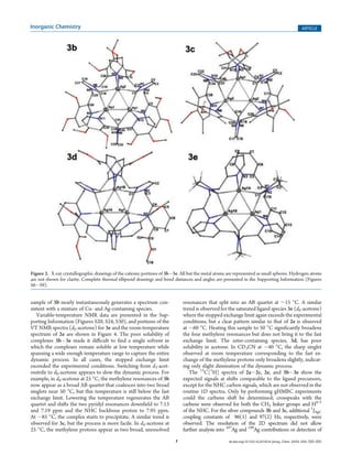 F dx.doi.org/10.1021/ic201053t |Inorg. Chem. XXXX, XXX, 000–000
Inorganic Chemistry ARTICLE
sample of 3b nearly instantaneously generates a spectrum con-
sistent with a mixture of Cu- and Ag-containing species.
Variable-temperature NMR data are presented in the Sup-
porting Information (Figures S20, S24, S30), and portions of the
VT NMR spectra (d6-acetone) for 3e and the room-temperature
spectrum of 2e are shown in Figure 4. The poor solubility of
complexes 3bÀ3e made it diﬃcult to ﬁnd a single solvent in
which the complexes remain soluble at low temperature while
spanning a wide enough temperature range to capture the entire
dynamic process. In all cases, the stopped exchange limit
exceeded the experimental conditions. Switching from d3-acet-
onitrile to d6-acetone appears to slow the dynamic process. For
example, in d6-acetone at 25 °C, the methylene resonances of 3b
now appear as a broad AB quartet that coalesces into two broad
singlets near 50 °C, but this temperature is still below the fast
exchange limit. Lowering the temperature regenerates the AB
quartet and shifts the two pyridyl resonances downﬁeld to 7.13
and 7.19 ppm and the NHC backbone proton to 7.95 ppm.
At À85 °C, the complex starts to precipitate. A similar trend is
observed for 3c, but the process is more facile. In d6-acetone at
25 °C, the methylene protons appear as two broad, unresolved
resonances that split into an AB quartet at ∼15 °C. A similar
trend is observed for the saturated ligand species 3e (d6-acetone)
where the stopped exchange limit again exceeds the experimental
conditions, but a clear pattern similar to that of 2e is observed
at À60 °C. Heating this sample to 50 °C signiﬁcantly broadens
the four methylene resonances but does not bring it to the fast
exchange limit. The ester-containing species, 3d, has poor
solubility in acetone. In CD3CN at À40 °C, the sharp singlet
observed at room temperature corresponding to the fast ex-
change of the methylene protons only broadens slightly, indicat-
ing only slight diminution of the dynamic process.
The 13
C{1
H} spectra of 2aÀ2c, 2e, and 3bÀ3e show the
expected signals at shifts comparable to the ligand precursors,
except for the NHC carbon signals, which are not observed in the
routine 1D spectra. Only by performing gHMBC experiments
could the carbene shift be determined; crosspeaks with the
carbene were observed for both the CH2 linker groups and H4/5
of the NHC. For the silver compounds 3b and 3c, additional 1
JAgC
coupling constants of 96(1) and 97(2) Hz, respectively, were
observed. The resolution of the 2D spectrum did not allow
further analysis into 107
Ag and 109
Ag contributions or detection of
Figure 2. X-ray crystallographic drawings of the cationic portions of 3bÀ3e. All but the metal atoms are represented as small spheres. Hydrogen atoms
are not shown for clarity. Complete thermal ellipsoid drawings and bond distances and angles are presented in the Supporting Information (Figures
S6ÀS9).
 