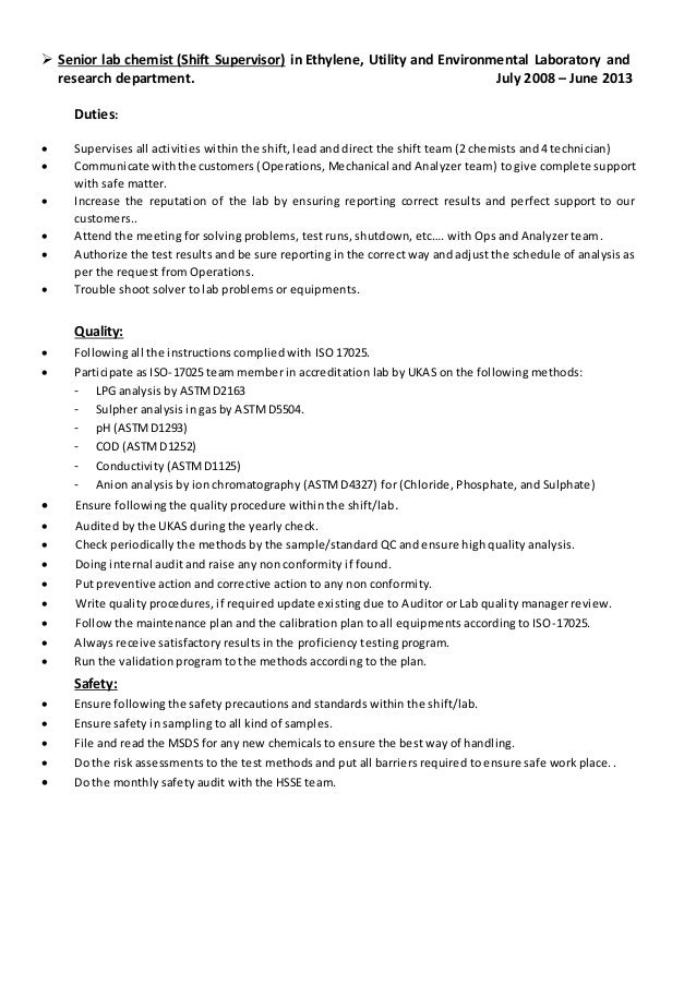 jop description for senior lab chemist shift leader shift supervisor duties