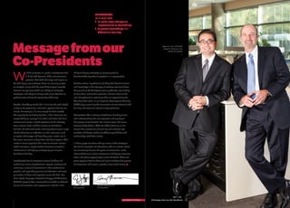 iv CONNECTIONS 1
Cyrus J. Izzo, PE (left)
Gary A. Brennen, PE,
LEED AP (right)
ability to deploy strategically, bringing globally
benchmarked expertise to projects in all geographies.
Another critical ingredient to building that bench of talent
and knowledge is the strategy of creating new talent from
the ground up by identifying recent graduates, committing
to help them realize their potential and train them to the
level of professional excellence that our legacy demands.
We share that vision in our Engineer Development Training
(EDT) story, explaining the transaction of commitment with
training and access for recent college graduates.
Reinvention: The alchemy created from blending talent
and understanding into new expertise and mastery is
the process of reinvention. Our client’s voice, this issue,
features Andy Cohen, FAIA, Co-CEO of Gensler, as he
shares their process for envisioning and creating new
markets and design studios to address possibilities and
relationships with their clients.
In these pages we share with you some of the strategies
that build successful collaborations with our clients: where
we collectively harness the power of reinvention, make
informed decisions about investment and deploy resources
when and where opportunity is most abundant. There are
great opportunities for those willing to embrace the process
of reinvention and create a greater, more viable future.
W
e find ourselves in a global marketplace that
is filled with dynamic shifts and enormous
potential that both challenge and inspire us.
As with every new endeavor, there are learning curves
to navigate, along with the possibility of great rewards.
Success lies squarely within our ability to anticipate,
strategize, and adapt to change with close attention to
performance and results every step of the way.
Trends: Identifying trends that illuminate the path ahead
allows us to prepare for, and seize, opportunities for our
clients. For example, it is not enough to have created
the capacity for collecting big data, it then becomes our
responsibility to leverage it to refine and retool the built
environment across a broad spectrum of the industry:
from aviation hubs and data centers to healthcare
facilities. A revitalized global economy beginning to surge
ahead refocuses our attention on vital resources, such
as water and energy, and how they play a major role in
the social, economic and political vitality of regions. That
makes it more important than ever to reinvent mission-
critical functions, create flexible telecommunications
infrastructure and deploy contingency planning for
healthcare facilities.
Investment: Smart investment means building and
mobilizing a team of professional experts, creating and
nurturing a culture of investment in their professional
growth, and expanding genuine collaboration and cross-
pollination of ideas and expertise across the firm. Our
firm’s Syska Employee Network of Support  Education
(SENSE) program does exactly that; founded on bedrock
values of innovation and engagement, it builds in the
Messagefromour
Co-Presidents
Cyrus J. Izzo, PE
Co-President
Gary A. Brennen, PE
Co-President
REINVENTION:
[re·in·vent] verb
1. to make major changes or
improvements to (something)
2. to present (something) in a
different or new way
/ Message from our Co-Presidents
 