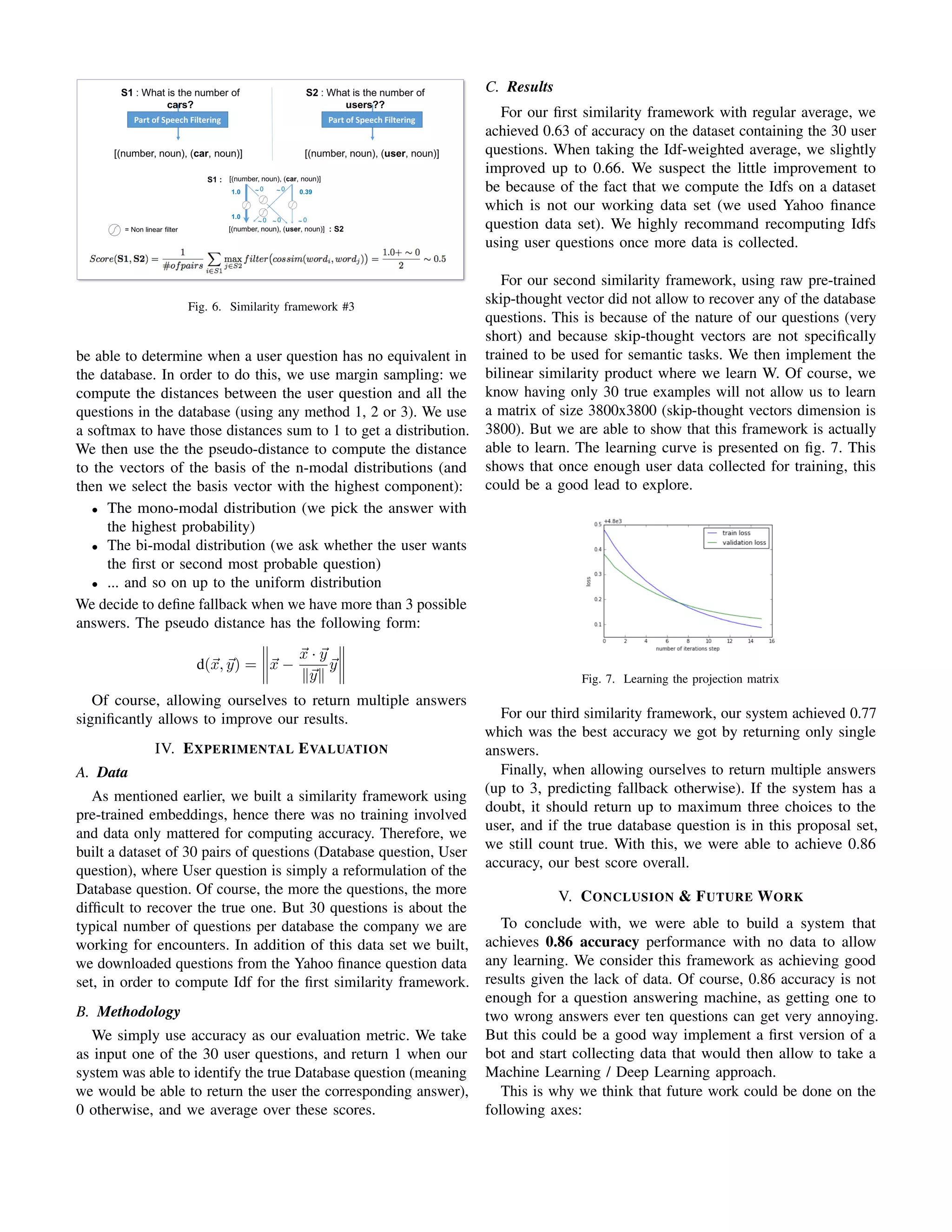 Fig. 6. Similarity framework #3
be able to determine when a user question has no equivalent in
the database. In order to do this, we use margin sampling: we
compute the distances between the user question and all the
questions in the database (using any method 1, 2 or 3). We use
a softmax to have those distances sum to 1 to get a distribution.
We then use the the pseudo-distance to compute the distance
to the vectors of the basis of the n-modal distributions (and
then we select the basis vector with the highest component):
• The mono-modal distribution (we pick the answer with
the highest probability)
• The bi-modal distribution (we ask whether the user wants
the ﬁrst or second most probable question)
• ... and so on up to the uniform distribution
We decide to deﬁne fallback when we have more than 3 possible
answers. The pseudo distance has the following form:
d(x, y) = x −
x · y
y
y
Of course, allowing ourselves to return multiple answers
signiﬁcantly allows to improve our results.
IV. EXPERIMENTAL EVALUATION
A. Data
As mentioned earlier, we built a similarity framework using
pre-trained embeddings, hence there was no training involved
and data only mattered for computing accuracy. Therefore, we
built a dataset of 30 pairs of questions (Database question, User
question), where User question is simply a reformulation of the
Database question. Of course, the more the questions, the more
difﬁcult to recover the true one. But 30 questions is about the
typical number of questions per database the company we are
working for encounters. In addition of this data set we built,
we downloaded questions from the Yahoo ﬁnance question data
set, in order to compute Idf for the ﬁrst similarity framework.
B. Methodology
We simply use accuracy as our evaluation metric. We take
as input one of the 30 user questions, and return 1 when our
system was able to identify the true Database question (meaning
we would be able to return the user the corresponding answer),
0 otherwise, and we average over these scores.
C. Results
For our ﬁrst similarity framework with regular average, we
achieved 0.63 of accuracy on the dataset containing the 30 user
questions. When taking the Idf-weighted average, we slightly
improved up to 0.66. We suspect the little improvement to
be because of the fact that we compute the Idfs on a dataset
which is not our working data set (we used Yahoo ﬁnance
question data set). We highly recommand recomputing Idfs
using user questions once more data is collected.
For our second similarity framework, using raw pre-trained
skip-thought vector did not allow to recover any of the database
questions. This is because of the nature of our questions (very
short) and because skip-thought vectors are not speciﬁcally
trained to be used for semantic tasks. We then implement the
bilinear similarity product where we learn W. Of course, we
know having only 30 true examples will not allow us to learn
a matrix of size 3800x3800 (skip-thought vectors dimension is
3800). But we are able to show that this framework is actually
able to learn. The learning curve is presented on ﬁg. 7. This
shows that once enough user data collected for training, this
could be a good lead to explore.
Fig. 7. Learning the projection matrix
For our third similarity framework, our system achieved 0.77
which was the best accuracy we got by returning only single
answers.
Finally, when allowing ourselves to return multiple answers
(up to 3, predicting fallback otherwise). If the system has a
doubt, it should return up to maximum three choices to the
user, and if the true database question is in this proposal set,
we still count true. With this, we were able to achieve 0.86
accuracy, our best score overall.
V. CONCLUSION & FUTURE WORK
To conclude with, we were able to build a system that
achieves 0.86 accuracy performance with no data to allow
any learning. We consider this framework as achieving good
results given the lack of data. Of course, 0.86 accuracy is not
enough for a question answering machine, as getting one to
two wrong answers ever ten questions can get very annoying.
But this could be a good way implement a ﬁrst version of a
bot and start collecting data that would then allow to take a
Machine Learning / Deep Learning approach.
This is why we think that future work could be done on the
following axes:
 