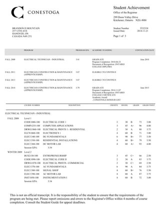 257 12TH AVE
HANOVER, ON
CANADA N4N 2T1
299 Doon Valley Drive
Kitchener, Ontario N2G 4M4
Student Achievement
Page 1 of 3
Student Number 5532338
Issued Date: 2014-11-21
BRANDON D MOUNTAIN
Office of the Registrar
This is not an official transcript. It is the responsibility of the student to ensure that the requirements of the
program are being met. Please report omissions and errors to the Registrar's Office within 4 months of course
completion. Consult the Student Guide for appeal deadlines.
DRWG1870-100 ELECTRICAL PRINTS - COMMERCIAL 2 30 C+ 69 2.50
ELEC1370-100 AC FUNDAMENTALS 6 90 A 84 3.75
BUS2130-100 ENTREPRENEURSHIP 3 45 C+ 66 2.50
CODE1090-100 ELECTRICAL CODE II 2 30 A 83 3.75
ELEC1380-100 SIGNAL SHOP 4 60 B+ 76 3.50
INST1050-100 INSTRUMENTATION I 4 60 B 72 3.00
ELEC1390-100 AC MOTOR LAB 4 60 A 87 3.75
Session GPA: 3.34
WINTER 2009 Level 2
DRWG1860-100 ELECTRICAL PRINTS 1 - RESIDENTIAL 2 30 A 88 3.75
ELCN1060-100 ELECTRONICS 1 4 60 B 71 3.00
CODE1080-100 ELECTRICAL CODE 1 2 30 B 73 3.00
COMP1255-100 COMPUTER APPLICATIONS 3 45 A+ 96 4.00
ELEC1340-100 DC FUNDAMENTALS 6 90 B+ 77 3.50
ELEC1360-100 DC MOTOR LAB 4 60 A+ 93 4.00
ELEC1350-100 RESIDENTIAL INSTALLATIONS 4 60 B+ 79 3.50
Session GPA: 3.54
FALL 2008 Level 1
ELECTRICAL TECHNICIAN - INDUSTRIAL
COURSE NUMBER DESCRIPTION CREDITS HOURS GRADE GRADE POINT
FALL 2013 ELECTRICIAN CONSTRUCTION & MAINTENANCE
(APPRENTICESHIP)
3.87 ELIGIBLE TO CONTINUE
FALL 2014 ELECTRICIAN CONSTRUCTION & MAINTENANCE
(APPRENTICESHIP)
3.79 GRADUATE
Program Completion: 2014-11-07
Document of Recognition: ONTARIO
COLLEGE CERTIFICATE
June 2015
- CONESTOGA HONOUR LIST
Academic Award:
FALL 2008 ELECTRICAL TECHNICIAN - INDUSTRIAL 3.41 GRADUATE
Program Completion: 2010-04-23
Document of Recognition: ONTARIO
COLLEGE DIPLOMA
June 2010
FALL 2011 ELECTRICIAN CONSTRUCTION & MAINTENANCE
(APPRENTICESHIP)
3.87 ELIGIBLE TO CONTINUE
PROGRAM PROGRAM GPA ACADEMIC STANDING CONVOCATION DATE
 
