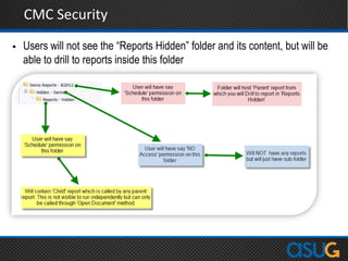 CMC Security
 Users will not see the “Reports Hidden” folder and its content, but will be
able to drill to reports inside this folder
 