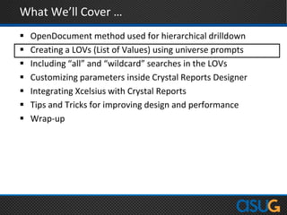 What We’ll Cover …
 OpenDocument method used for hierarchical drilldown
 Creating a LOVs (List of Values) using universe prompts
 Including “all” and “wildcard” searches in the LOVs
 Customizing parameters inside Crystal Reports Designer
 Integrating Xcelsius with Crystal Reports
 Tips and Tricks for improving design and performance
 Wrap-up
 