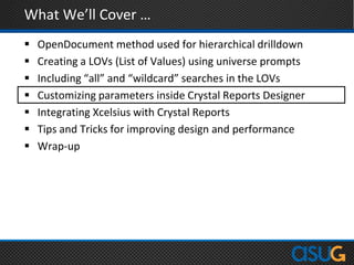 What We’ll Cover …
 OpenDocument method used for hierarchical drilldown
 Creating a LOVs (List of Values) using universe prompts
 Including “all” and “wildcard” searches in the LOVs
 Customizing parameters inside Crystal Reports Designer
 Integrating Xcelsius with Crystal Reports
 Tips and Tricks for improving design and performance
 Wrap-up
 