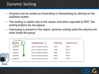 Dynamic Sorting
 Columns can be sorted as Ascending or Descending by clicking on the
Up/Down button
 The sorting is visible only in the viewer and when exported to PDF, the
sorting buttons do not appear
 If grouping is present in the report, dynamic sorting sorts the columns for
rows inside the group
 