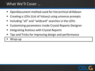 What We’ll Cover …
 OpenDocument method used for hierarchical drilldown
 Creating a LOVs (List of Values) using universe prompts
 Including “all” and “wildcard” searches in the LOVs
 Customizing parameters inside Crystal Reports Designer
 Integrating Xcelsius with Crystal Reports
 Tips and Tricks for improving design and performance
 Wrap-up
 
