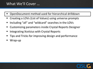 What We’ll Cover …
 OpenDocument method used for hierarchical drilldown
 Creating a LOVs (List of Values) using universe prompts
 Including “all” and “wildcard” searches in the LOVs
 Customizing parameters inside Crystal Reports Designer
 Integrating Xcelsius with Crystal Reports
 Tips and Tricks for improving design and performance
 Wrap-up
 