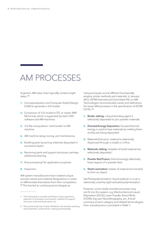 6 Additive Manufacturing – A Materials Perspective
A generic AM value chain typically contains eight
steps. [2]
1.	 Conceptualisation and Computer Aided Design
(CAD) to generate a 3-D model.
2.	 Conversion of 3-D model to STL or newer AMF
file format, which is supported by both CAD
software and AM machines.
3.	 3-D file manipulation1
and transfer to AM
machine.
4.	 AM machine setup, tuning, and maintenance.
5.	 Building parts by joining materials deposited in
successive layers.
6.	 Removing parts and support structures, perhaps
additional cleaning.
7.	 Post-processing2
for application purposes.
8.	 Inspection.
AM system manufacturers have created unique
process names and material designations in order
to differentiate themselves from their competitors.
[2]
This has led to confusing terminologies as
1	 File manipulation includes verification of part geometry,
selection of orientation and location, addition of support
structure, scale and duplication, etc.
2	 Post-processing may involve infiltration, hot isostatic pressing,
heat treatment, surface finish, coating and assembly.
many processes sound different but basically
employ similar methods and materials. In January
2012, ASTM International Committee F42 on AM
Technologies recommended names and definitions
for seven AM processes in the specification of ASTM
F2792. [3]
1.	 Binder Jetting: a liquid bonding agent is
selectively deposited to join powder materials.
2.	 Directed Energy Deposition: focused thermal
energy is used to fuse materials by melting them
as they are being deposited.
3.	 Materials Extrusion: material is selectively
dispensed through a nozzle or orifice.
4.	 Materials Jetting: droplets of build material are
selectively deposited.
5.	 Powder Bed Fusion: thermal energy selectively
fuses regions of a powder bed.
6.	 Sheet Lamination: sheets of material are bonded
to form an object.
Vat Photopolymerization: liquid polymer in a vat is
selectively cured by light-activated polymerization.
However, some newly invented processes may
not fit into this system, e.g. Electrochemical Liquid
Deposition (ECLD), Laser Transfer Direct Write
(LTDW), Dip-pen Nanolithography, etc. A brief
summary of each category and related terminologies
from manufacturers is provided in Table 1.
AM PROCESSES
 