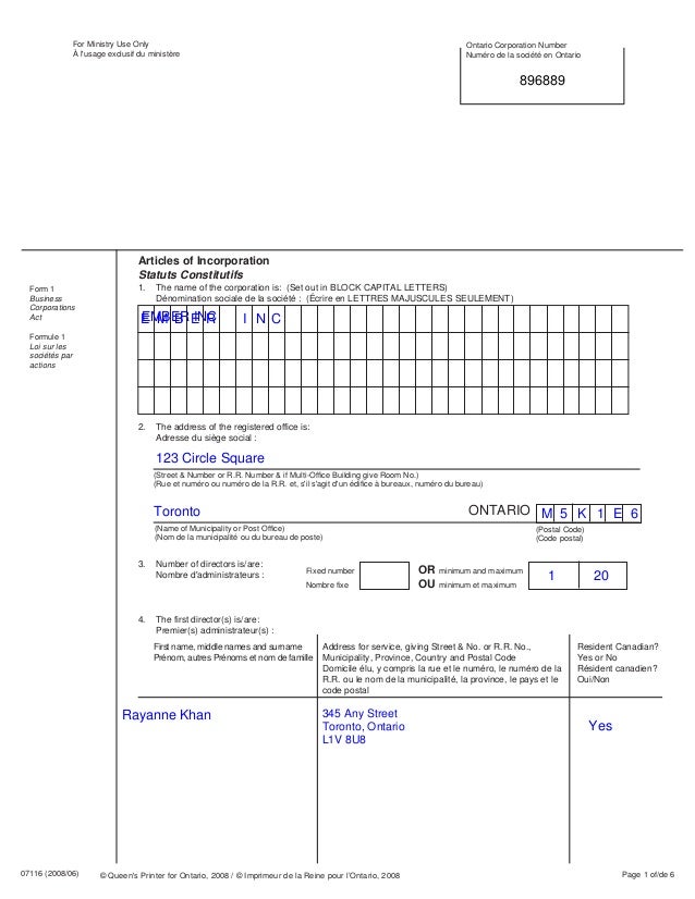 Ontario Articles of Incorporation