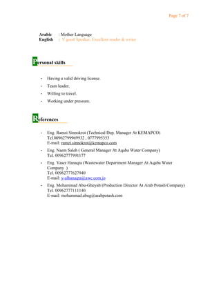 Page 7 of 7
Arabic : Mother Language
English : V.good Speaker, Excellent reader & writer
Personal skills
- Having a valid driving license.
- Team leader.
- Willing to travel.
- Working under pressure.
References
- Eng. Ramzi Sinnokrot (Technical Dep. Manager At KEMAPCO)
Tel.00962799969932 , 0777995353
E-mail: ramzi.sinnokrot@kemapco.com
- Eng. Naem Saleh ( General Manager At Aqaba Water Company)
Tel. 00962777991177
- Eng. Yaser Hanaqta (Wastewater Department Manager At Aqaba Water
Company )
Tel. 00962777627940
E-mail: y-alhanaqta@awc.com.jo
- Eng. Mohammad Abu-Gheyab (Production Director At Arab Potash Company)
Tel. 00962777111140
E-mail: mohammad.abug@arabpotash.com
 