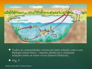  Todas as comunidades vivem em inter-relação com o seuTodas as comunidades vivem em inter-relação com o seu
biótopo (meio físico – fatores abióticos) e mostrambiótopo (meio físico – fatores abióticos) e mostram
relações entre os seres vivos (fatores bióticos).relações entre os seres vivos (fatores bióticos).
 Pág. 9Pág. 9
Direitos reservados a Cristina Pedrosa
 