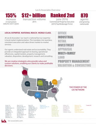 Lee & Associates Overview
agents
and growing
nationwide
870
transaction volume
2015
$12+ billion
increase
in transaction
volume over 5 years
155%
LOCAL EXPERTISE. NATIONAL REACH. WORLD CLASS.
At Lee & Associates® our reach is national but our expertise
is local market implementation. This translates into seamless,
consistent execution and value driven market-to-market
services.
Our agents understand real estate and accountability. They
provide an integrated approach to leasing, operational
efficiencies, capital markets, property management,
valuation, disposition, development, research and consulting.
We are creative strategists who provide value and
custom solutions, enabling our clients to make profitable
decisions.
INDUSTRIAL
OFFICE
RETAIL
INVESTMENT
MULTI-FAMILY
LAND
PROPERTY MANAGEMENT
APPRAISAL
VALUATION & CONSULTING
WEST
MIDWEST
SOUTH
SOUTH-
WEST
EAST
CANADA
THE POWER OF THE
LEE NETWORK
Irvine, CA
Orange, CA
Newport Beach, CA
Ontario, CA
Riverside, CA
Los Angeles, CA
Industry, CA
Carlsbad, CA
Stockton, CA
Pleasanton, CA		
West LA, CA
Sherman Oaks, CA
Central LA, CA
Temecula Valley, CA
Victorville, CA
Calabasas, CA
Los Olivos, CA
San Luis Obispo, CA
Ventura, CA		
San Diego, CA		
Reno, NV
Oakland, CA
Antelope Valley, CA
Santa Barbara, CA
Palm Desert, CA
ISG- LA, CA
Boise, ID
Long Beach, CA
Denver, CO
Pasadena, CA			
Phoenix, AZ
Dallas/Ft Worth, TX
Houston, TX		
Chicago, IL,
St. Louis, MO
Southfield, MI
Madison, WI
Indianapolis, IN
Greenwood, IN
Cleveland, OH
Columbus, OH
Twin Cities, MN	
Atlanta, GA
Greenville, SC
Fort Myers, FL
Orlando, FL
Charleston, SC
Valuation, Atlanta					
Elmwood, NJ
Manhattan, NY
Edison, NJ
Chesapeake Region
LI/Queens, NY
Eastern Pennsylvania		
Canada, BC
Ranked 2nd
june 2016
Commercial Property Executive
(2016 Top Brokerage Firms)
lee-associates.com
 