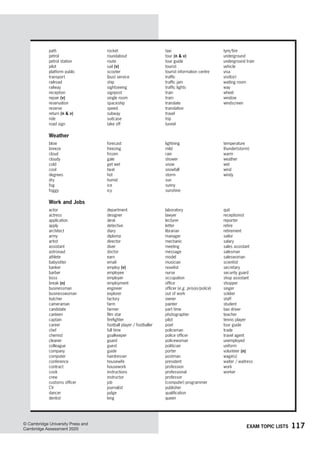 117
© Cambridge University Press and
Cambridge Assessment 2020
path
petrol
petrol station
pilot
platform public
transport
railroad
railway
reception
repair (v)
reservation
reserve
return (n  v)
ride
road sign
rocket
roundabout
route
sail (v)
scooter
(bus) service
ship
sightseeing
signpost
single room
spaceship
speed
subway
suitcase
take off
taxi
tour (n  v)
tour guide
tourist
tourist information centre
traffic
traffic jam
traffic lights
train
tram
translate
translation
travel
trip
tunnel
tyre/tire
underground
underground train
vehicle
visa
visit(or)
waiting room
way
wheel
window
windscreen
Weather
blow
breeze
cloud
cloudy
cold
cool
degrees
dry
fog
foggy
forecast
freezing
frozen
gale
get wet
heat
hot
humid
ice
icy
lightning
mild
rain
shower
snow
snowfall
storm
sun
sunny
sunshine
temperature
thunder(storm)
warm
weather
wet
wind
windy
Work and Jobs
actor
actress
application
apply
architect
army
artist
assistant
astronaut
athlete
babysitter
banker
barber
boss
break (n)
businessman
businesswoman
butcher
cameraman
candidate
canteen
captain
career
chef
chemist
cleaner
colleague
company
computer
conference
contract
cook
crew
customs officer
CV
dancer
dentist
department
designer
desk
detective
diary
diploma
director
diver
doctor
earn
email
employ (v)
employee
employer
employment
engineer
explorer
factory
farm
farmer
film star
firefighter
football player / footballer
full time
goalkeeper
guard
guest
guide
hairdresser
housewife
housework
instructions
instructor
job
journalist
judge
king
laboratory
lawyer
lecturer
letter
librarian
manager
mechanic
meeting
message
model
musician
novelist
nurse
occupation
office
officer (e.g. prison/police)
out of work
owner
painter
part time
photographer
pilot
poet
policeman
police officer
policewoman
politician
porter
postman
president
profession
professional
professor
(computer) programmer
publisher
qualification
queen
quit
receptionist
reporter
retire
retirement
sailor
salary
sales assistant
salesman
saleswoman
scientist
secretary
security guard
shop assistant
shopper
singer
soldier
staff
student
taxi driver
teacher
tennis player
tour guide
trade
travel agent
unemployed
uniform
volunteer (n)
wage(s)
waiter / waitress
work
worker
EXAM topic lists
 