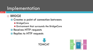 Implementation
¨  BRIDGE
¤  Creates a point of connection between:
n  BridgeCore
n  Environment that surrounds the BridgeCore
¤  Receives HTTP requests
¤  Replies to HTTP requests
TOMCAT
 