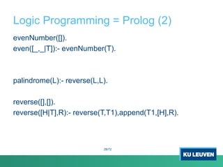 Logic Programming = Prolog (2)
evenNumber([]).
even([_,_|T]):- evenNumber(T).
palindrome(L):- reverse(L,L).
reverse([],[]).
reverse([H|T],R):- reverse(T,T1),append(T1,[H],R).
28/72
 