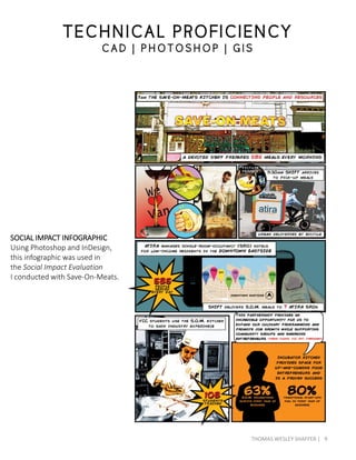 TECHNICAL PROFICIENCY
C AD | P HOTOS HOP | G IS
SOCIAL IMPACT INFOGRAPHIC
Using Photoshop and InDesign,
this infographic was used in
the Social Impact Evaluation
I conducted with Save-On-Meats.
9THOMAS WESLEY SHAFFER |
 