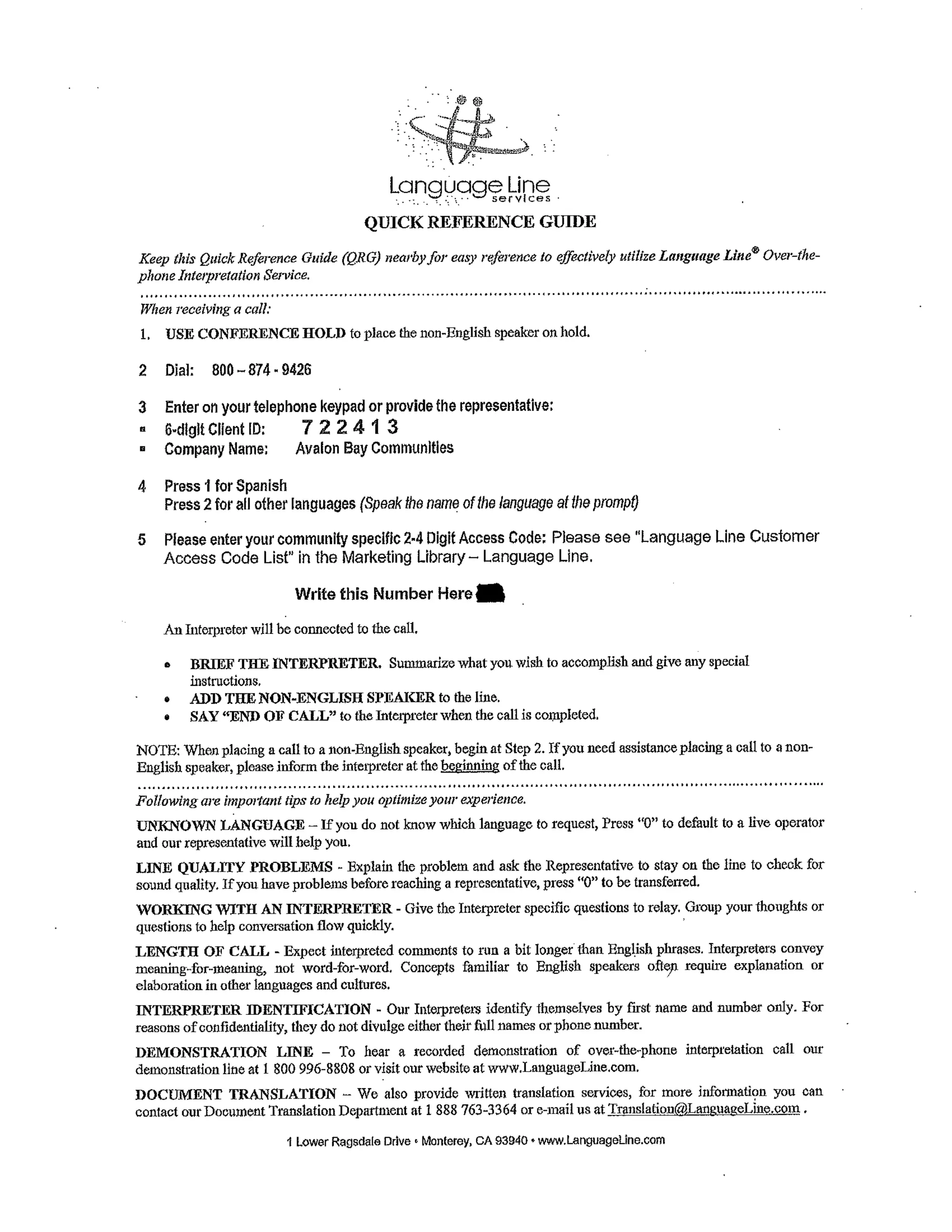 Language Line App Instructions.pdf IZ Workshop 2014: B1 fair housing language line instructions | PDF