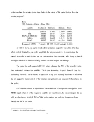 8
order to reduce the variation in the data. Below is the output of this model derived from the
eviews program13.
Table 1
OLS Estimation Output – Fixed Effect
Variable Coefficient Std. Error t-Statistic Prob.
C 26.0196 1.7001 15.3050 0.0000
FRL -0.0843 0.0194 -4.3559 0.0000
EXPEND/(ENROL) -0.0029 0.0023 -1.2688 0.2047
ENROL -0.0001 0.0002 -2.5159 0.0120
READ 0.8187 0.0185 44.1916 0.0000
R-squared: 0.7551 F-statistic: 12.1355 Prob(F-statistic): 0.0000
In Table 1 above, we see the results of the estimation output by way of the OLS fixed
effect method. Originally, our model tested high for heteroscedasticity. In order to treat the
model, we needed to pool the data and run cross sectional data over time. After doing so, there is
no longer evidence of heteroscedasticity and we can now interpret the findings.
The model has an R-squared of 0.7551 which indicates that 75% of the variability in the
data is explained by these four variables. This is quite impressive for panel data with only four
explanatory variables. The F-statistic is significant at any level meaning the results of the model
did not happen by chance and all of the variables are significant and necessary to be included in
the model.
Our constant variable is representative of the intercept of a regression and signifies what
MATH equals when all of the exogenous variables are equal to zero. So we can interpret this as,
with no other factors included, 26% of third grade students are proficient in math as shown
through the MCA test results.
13 Eviews is a statistical,forecasting,and modelingtool.
 