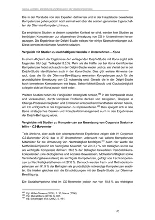 Saskia Juretzek, Darstellung und Diskussion der Studienergebnisse
93
Die in der Vorstudie von den Experten definierten und in der Hauptstudie bewerteten
Kompetenzen gehen jedoch noch einmal weit über die soeben genannten Eigenschaf-
ten der Dilemma-Kompetenz hinaus.
Da empirische Studien in diesem speziellen Kontext rar sind, werden hier Studien zu
benötigten Kompetenzen zur allgemeinen Umsetzung von CS in Unternehmen heran-
gezogen. Die Ergebnisse der Delphi-Studie weisen hier einige Überschneidungen auf.
Diese werden im nächsten Abschnitt skizziert.
Vergleich mit Studien zu nachhaltigem Handeln in Unternehmen – Kona
In einem Abgleich der Ergebnisse der vorliegenden Delphi-Studie mit Kona ergibt sich
folgendes Bild (vgl. Teilkapitel 8.3.3): Mehr als die Hälfte der bei Kona identifizierten
Kompetenzen findet sich auch in der Delphi-Studie wieder und ca. ein Viertel der in der
Delphi-Studie identifizierten auch in der Kona-Studie. Dies gibt weitere Hinweise da-
rauf, dass die für die Dilemma-Bewältigung relevanten Kompetenzen auch für die
grundsätzliche Umsetzung von CS notwendig sind. Gerade die in der Delphi-Studie
hoch bewerteten Kompetenzen wie bspw. Beharrlichkeit/Geduld und Glaubwürdigkeit
spiegeln sich bei Kona jedoch nicht wider.
Weitere Studien heben die Fähigkeiten strategisch denken,482
in der Komplexität lesen
und voraussehen, durch komplexe Probleme denken und navigieren, Gruppen in
Change-Prozessen begleiten und Emotionen entsprechend handhaben können hervor,
um CS erfolgreich in der Organisation zu implementieren.483
Dies spiegelt sich in den
Items strategisches Denken und Komplexitätsmanagement auch in den Ergebnissen
der Delphi-Befragung wider.
Vergleiche mit Studien zu Kompetenzen zur Umsetzung von Corporate Sustaina-
bility – CS-Barometer
Teils ähnliche, aber auch sich widersprechende Ergebnisse zeigen sich im Corporate
CS-Barometer 2012, das in 37 Unternehmen untersucht hat, welche Kompetenzen
Mitarbeiter für die Umsetzung von Nachhaltigkeit benötigen.484
Auch hier wurde die
Methodenkompetenz am niedrigsten bewertet; nur von 2,7 % der Befragten wurde sie
als wichtigste Kompetenz definiert. 56,8 % der Befragten bewerteten Persönlichkeits-
kompetenzen (wie ökologisches und soziales Bewusstsein, Motivationsfähigkeit sowie
Verantwortungsbewusstsein) als wichtigste Kompetenzen, gefolgt von Fachkompeten-
zen zu Nachhaltigkeitsthemen mit 27,0 %. Dennoch werden Fach- und Methodenkom-
petenzen von 91,9 % der Befragten als grundsätzlich notwendige Kompetenzen erach-
tet. Bis hierhin gleichen sich die Einschätzungen mit der Delphi-Studie zur Dilemma-
Bewältigung.
Die Sozialkompetenz wird im CS-Barometer jedoch nur von 10,8 % als wichtigste
482
Vgl. Müller-Stewens (2008), S. 33; Moore (2006).
483
Vgl. Metcalf/Benn (2013), S. 381.
484
Vgl. Schaltegger et al. (2012), S. 49 f.
 