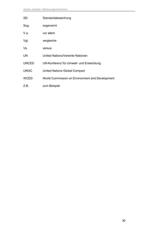 Saskia Juretzek, Abkürzungsverzeichnis
XI
SD Standardabweichung
Sog. sogenannt
V.a. vor allem
Vgl. vergleiche
Vs. versus
UN United Nations/Vereinte Nationen
UNCED UN-Konferenz für Umwelt- und Entwicklung
UNGC United Nations Global Compact
WCED World Commission on Environment and Development
Z.B. zum Beispiel
 