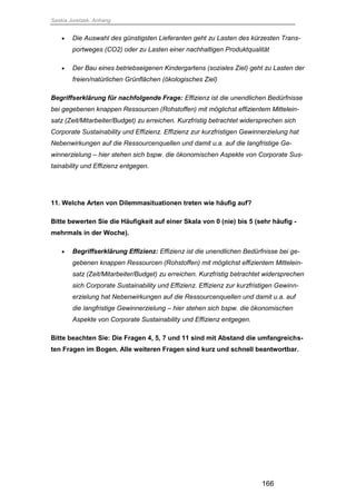 Saskia Juretzek, Anhang
166
 Die Auswahl des günstigsten Lieferanten geht zu Lasten des kürzesten Trans-
portweges (CO2) oder zu Lasten einer nachhaltigen Produktqualität
 Der Bau eines betriebseigenen Kindergartens (soziales Ziel) geht zu Lasten der
freien/natürlichen Grünflächen (ökologisches Ziel)
Begriffserklärung für nachfolgende Frage: Effizienz ist die unendlichen Bedürfnisse
bei gegebenen knappen Ressourcen (Rohstoffen) mit möglichst effizientem Mittelein-
satz (Zeit/Mitarbeiter/Budget) zu erreichen. Kurzfristig betrachtet widersprechen sich
Corporate Sustainability und Effizienz. Effizienz zur kurzfristigen Gewinnerzielung hat
Nebenwirkungen auf die Ressourcenquellen und damit u.a. auf die langfristige Ge-
winnerzielung – hier stehen sich bspw. die ökonomischen Aspekte von Corporate Sus-
tainability und Effizienz entgegen.
11. Welche Arten von Dilemmasituationen treten wie häufig auf?
Bitte bewerten Sie die Häufigkeit auf einer Skala von 0 (nie) bis 5 (sehr häufig -
mehrmals in der Woche).
 Begriffserklärung Effizienz: Effizienz ist die unendlichen Bedürfnisse bei ge-
gebenen knappen Ressourcen (Rohstoffen) mit möglichst effizientem Mittelein-
satz (Zeit/Mitarbeiter/Budget) zu erreichen. Kurzfristig betrachtet widersprechen
sich Corporate Sustainability und Effizienz. Effizienz zur kurzfristigen Gewinn-
erzielung hat Nebenwirkungen auf die Ressourcenquellen und damit u.a. auf
die langfristige Gewinnerzielung – hier stehen sich bspw. die ökonomischen
Aspekte von Corporate Sustainability und Effizienz entgegen.
Bitte beachten Sie: Die Fragen 4, 5, 7 und 11 sind mit Abstand die umfangreichs-
ten Fragen im Bogen. Alle weiteren Fragen sind kurz und schnell beantwortbar.
 