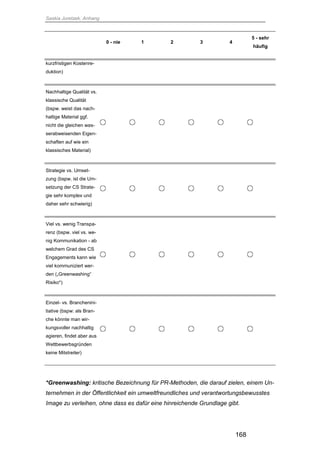 Saskia Juretzek, Anhang
168
0 - nie 1 2 3 4
5 - sehr
häufig
kurzfristigen Kostenre-
duktion)
Nachhaltige Qualität vs.
klassische Qualität
(bspw. weist das nach-
haltige Material ggf.
nicht die gleichen was-
serabweisenden Eigen-
schaften auf wie ein
klassisches Material)
Strategie vs. Umset-
zung (bspw. ist die Um-
setzung der CS Strate-
gie sehr komplex und
daher sehr schwierig)
Viel vs. wenig Transpa-
renz (bspw. viel vs. we-
nig Kommunikation - ab
welchem Grad des CS
Engagements kann wie
viel kommuniziert wer-
den („Greenwashing“
Risiko*)
Einzel- vs. Branchenini-
tiative (bspw: als Bran-
che könnte man wir-
kungsvoller nachhaltig
agieren, findet aber aus
Wettbewerbsgründen
keine Mitstreiter)
*Greenwashing: kritische Bezeichnung für PR-Methoden, die darauf zielen, einem Un-
ternehmen in der Öffentlichkeit ein umweltfreundliches und verantwortungsbewusstes
Image zu verleihen, ohne dass es dafür eine hinreichende Grundlage gibt.
 