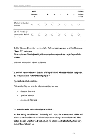 Saskia Juretzek, Anhang
187
keine
Relevanz
0
1 2 3 4 5 6
sehr ho-
he Rele-
vanz 7
Offenheit für Branchen-
initiativen
CS wird messbar ge-
macht und als Werttrei-
ber genutzt
8. Hier können Sie weitere wesentliche Rahmenbedingungen und ihre Relevanz
(Skala 0-7) ergänzen.
Bitte ergänzen Sie die jeweilige Rahmenbedingung und den zugehörigen Zah-
lenwert.
Bitte Ihre Antwort(en) hierher schreiben
9. Welche Relevanz haben die von Ihnen genannten Kompetenzen im Vergleich
zu den genannten Rahmenbedingungen?
Kompetenzen haben eine...
Bitte wählen Sie nur eine der folgenden Antworten aus:
 ...höhere Relevanz
 ...gleiche Relevanz
 ...geringere Relevanz
03 Dilemmatische Entscheidungssituationen
10. Wie häufig treten bei der Umsetzung von Corporate Sustainability in den von
beratenen Unternehmen dilemmatische Entscheidungssituationen* auf? Bitte
geben Sie den ungefähren Durchschnitt für alle in den letzten fünf Jahren bera-
tenen Unternehmen an.
 