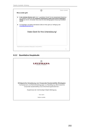 Saskia Juretzek, Anhang
202
Wie es weiter geht
9
► In den nächsten Wochen wird in der 1. quantitativen Runde* für eine standardisierte Bewertung
der qualitativen Ergebnisse ein erweiterter Expertenkreis mittels eines Online-Fragebogens
befragt (ca. 20 min.). Sie werden hierzu über ein Online Befragungstool (limesurvey) kontaktiert
werden.
► Für Rückfragen und weitere Informationen stehe ich Ihnen gerne zur Verfügung unter
kontakt@saskiajuretzek.com
Vielen Dank für Ihre Unterstützung!
Saskia Juretzek
*Gesamtzahl der quantitativen Befragungen voraussichtlich 2
8.2.2 Quantitative Hauptstudie
1
Erfolgreiche Umsetzung von Corporate Sustainability Strategien
- Kompetenzen und Rahmenbedingungen zur Bewältigung dilemmatischer
Corporate Sustainability (CS) Entscheidungssituationen -
Ergebnisse der mehrstufigen Delphi-Befragung
18.01.2014
Saskia Juretzek
 