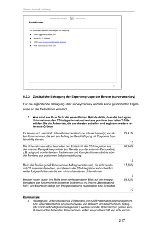 Saskia Juretzek, Anhang
217
Ergebnisse Delphi-Befragung Saskia Juretzek
Kontaktdaten
Für Rückfragen stehe ich jederzeit gern zur Verfügung
► Email: sj@saskiajuretzek.com
► Mobile: 0178 2666444
► XING: www.xing.com/profile/saskia_juretzek
► Web: www.saskiajuretzek.com
31
8.2.3 Zusätzliche Befragung der Expertengruppe der Berater (surveymonkey)
Für die ergänzende Befragung über surveymonkey wurden keine gesonderten Ergeb-
nisse an die Teilnehmer versandt.
1. Was sind aus Ihrer Sicht die wesentlichen Gründe dafür, dass die befragten
Unternehmen den CS-Integrationsstand weitaus positiver beurteilen? Bitte
wählen Sie die Antworten, die am ehesten zutreffen und ergänzen weitere re-
levante Gründe
Es lassen sich verstärkt Unternehmen beraten bzw. ich /wir berate(n) vor al-
lem Unternehmen, die erst am Anfang der Beschäftigung mit Corporate Sus-
tainability stehen
29,41%
5
Die Unternehmen selbst beurteilen den Fortschritt der CS Integration aus
der internen Perspektive positiver (vs. Berater aus der externen Perspektive)
z.B. aufgrund von fehlendem Fachwissen und Komplexitätsverständnis oder
der Tendenz zur positiveren Selbsteinschätzung
88,24%
15
Da in der Studie gezielt Unternehmen befragt worden sind, die sich bereits
mit CS auseinandersetzen, sind diese in der CS-Integration wahrscheinlich
weiter fortgeschritten als die von mir/uns beratenen Unternehmen
17,65%
3
Berater haben durch ihre Rolle einen umfassenderen Blick auf den Integra-
tionsstand der Unternehmen (externer Blickwinkel vs. interne „Betriebsblind-
heit“) und beurteilen daher den Integrationsstand realistischer bzw. kritischer
58,82%
10
Kommentare:
 Hauptgrund: Unterschiedliches Verständnis von CSR/Nachhaltigkeitsmanagement
bzw. unterschiedliches Anspruchsniveau von Beratern und Unternehmen bezüg-
lich CSR/Nachhaltigkeitsmanagement / weitere Gründe: Unternehmen geben sozi-
al erwünschte Antworten, Unternehmen wollen ein positives Bild von sich vermit-
 