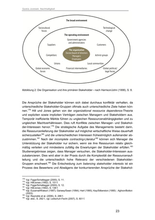 Saskia Juretzek, Nachhaltigkeit
23
Abbildung 2: Die Organisation und ihre primären Stakeholder - nach Harrison/John (1998), S. 8.
Die Ansprüche der Stakeholder können sich dabei durchaus konfliktär verhalten, da
unterschiedliche Stakeholder-Gruppen oftmals auch unterschiedliche Ziele haben kön-
nen.178
Hill und Jones gehen von der organizational ressource dependence-Theorie
und expliziten sowie impliziten Verträgen zwischen Managern und Stakeholdern aus.
Temporär ineffiziente Märkte führen zu ungleichen Ressourcenabhängigkeiten und zu
ungleichen Machtverhältnissen. Dies ruft Konflikte zwischen Manager- und Stakehol-
der-Interessen hervor.179
Die strategische Aufgabe des Managements besteht darin,
die Ressourcenlieferung der Stakeholder auf möglichst wirtschaftliche Weise dauerhaft
sicherzustellen180
und die unterschiedlichen Interessen frühestmöglich aufeinander ab-
zustimmen.181
Nach der incomplete contracting-Literatur182
können sich Manager die
Unterstützung der Stakeholder nur sichern, wenn sie ihre Ressourcen relativ gleich-
mäßig verteilen und mindestens zufällig die Erwartungen der Stakeholder erfüllen.183
Studienergebnisse zeigen, dass Manager versuchen, die Stakeholder-Interessen aus-
zubalancieren. Dies wird aber in der Praxis durch die Komplexität der Ressourcenauf-
teilung und die unterschiedlich hohe Relevanz der verschiedenen Stakeholder-
Gruppen erschwert.184
Die Entscheidung zum balancing stakeholder interests ist ein
Prozess des Bewertens und Abwägens der konkurrierenden Ansprüche der Stakehol-
178
Vgl. Figge/Schaltegger (2000), S. 11.
179
Vgl. Hill/Jones (1992), S. 151 f.
180
Vgl. Figge/Schaltegger (2000), S. 12.
181
Vgl. Hill/Jones (1992), S. 138 f.
182
Vgl. Ezzamal/Watson (1997); Garwey/Swan (1994); Hart (1995); Kay/Silberston (1995) ; Aghion/Bolton
(2003).
183
Vgl. Reynolds et al. (2006), S. 286 f.
184
Vgl. ebd., S. 292 f.; vgl. Leitschuh-Fecht (2007), S. 601 f.
 