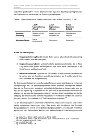 Saskia Juretzek, Konflikte und Dilemmata als Umsetzungshemmnisse von Corporate Sustainability-
Strategien
39
wird mit ihr gearbeitet.312
Tabelle 2 kombiniert die logischen Bewältigungsmöglichkeiten
von Dilemmata mit den Formen der Spannungsbewältigung:
Tabelle 2: Systematisierung der Bewältigungsformen - nach Müller-Christ (2010), S. 297.
Stufen der Bewältigung
1. Sequenzialisierung/Pendel: Beide Ziele werden abwechselnd berücksichtigt
(mal Effizienz, mal Nachhaltigkeit).
2. Segmentierung/Hybride: Unterschiedliche Gestaltungselemente, die in Rich-
tung beider Ziele gehen, werden genutzt; das heißt, beide Ziele werden in der
Entscheidung gleichzeitig verfolgt.
3. Balancieren/Seilakt: Dynamischer Blickwinkel; im Wechselspiel der beiden Al-
ternativen wird ein Ausgleich gesucht (dynamischer als 1 und 2, unterstreicht
den Gedanken der Kompensation).
Die Grenzen der Kategorien verlaufen dabei fließend, wobei jede Kategorie im Kern ei-
ne eigene Logik hat. Die Bewältigungsformen können entweder so eingesetzt werden,
dass sie die Spannungen reduzieren und dabei die Konsistenz steigern oder aber so,
dass sie die Spannung akzeptieren und mit den daraus resultierenden Inkonsistenzen
arbeiten. Je weniger die Spannungen reduziert werden, desto konstruktiver ist die Be-
wältigung der Widersprüche (höhere Integration).313
Im Idealfall werden die Spannun-
gen dazu genutzt, Innovationen und Veränderungen anzustoßen.314
Für die Bewältigung eines Dilemmas sind mehrere aufeinander bezogene und nachei-
nander umgesetzte Handlungen nötig. Dies erhöht die Komplexität des Entschei-
dungsprozesses.315
Ähnlich wie in Entscheidungsprozessen bei komplexen Problemen
werden aus den Zielkonflikten kleinere und selbstständige Problemlösungsprozesse
312
Vgl. Müller-Christ (2008), S. 24 f.; Müller-Christ (2010), S. 261.
313
Vgl. Müller-Christ (2008), S. 25 f.; Komplexität: 1. Stufe = einfachste Form; 3. Stufe = komplexeste
Form, vgl. Müller-Christ (2010), S. 298.
314
Vgl. Lowell (2012), S. 23.
315
Vgl. Müller-Christ (2008), S. 24.
 