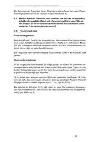 Saskia Juretzek, Darstellung und Diskussion der Studienergebnisse
69
Die Diskussion der Ergebnisse dieses Abschnitts erfolgt aufgrund der engen Zusam-
menhänge gemeinsam mit der nächsten Frage in Abschnitt 6.3.2.
6.3 Welcher Anteil der Dilemmata kann von Ihnen bzw. von den beratenen Ent-
scheidern bewusst identifiziert und erfolgreich bewältigt werden?/Wie ge-
hen Sie bzw. die verantwortlichen Entscheider mit den auftretenden dilem-
matischen Entscheidungssituationen um?
6.3.1 Studienergebnisse
Vorstudienergebnisse
Laut den befragten Experten der Vorstudie treten dilemmatische Entscheidungssituati-
onen in den befragten und beratenen Unternehmen häufig, d. h. mehrmals im Monat,
auf. Die auftretenden Dilemma-Situationen werden laut den Studienteilnehmern er-
kannt, können aber nur selten bewältigt werden.
Die Frage nach dem konkreten Umgang mit Dilemmata wurde in der Vorstudie nicht
gestellt.
Hauptstudienergebnisse
In der Hauptstudie wurde erstmals die Frage gestellt, wie konkret mit Dilemmata um-
gegangen werde. Aufgrund der stark abweichenden Beantwortung der Frage durch die
beiden Befragungsgruppen werden hier keine Gesamtergebnisse, sondern gezielt die
Ergebnisse je Expertengruppe dargestellt.
78 % der befragten Manager geben an, Dilemmata bewusst zu identifizieren. 76 % sa-
gen von sich, dass sie bewusst versuchen, diese zu bewältigen. Negative Optionen
hingegen wurden nur selten angekreuzt (max. 13 %) (vgl. Abbildung 7).
Die Mehrheit der Befragten (53 %) gibt zudem an, dass Dilemmata zum überwiegen-
den Teil bewältigt werden. 33 % meinen, die Hälfte der Dilemmata wird erfolgreich be-
wältigt (vgl. Abbildung 9).
 