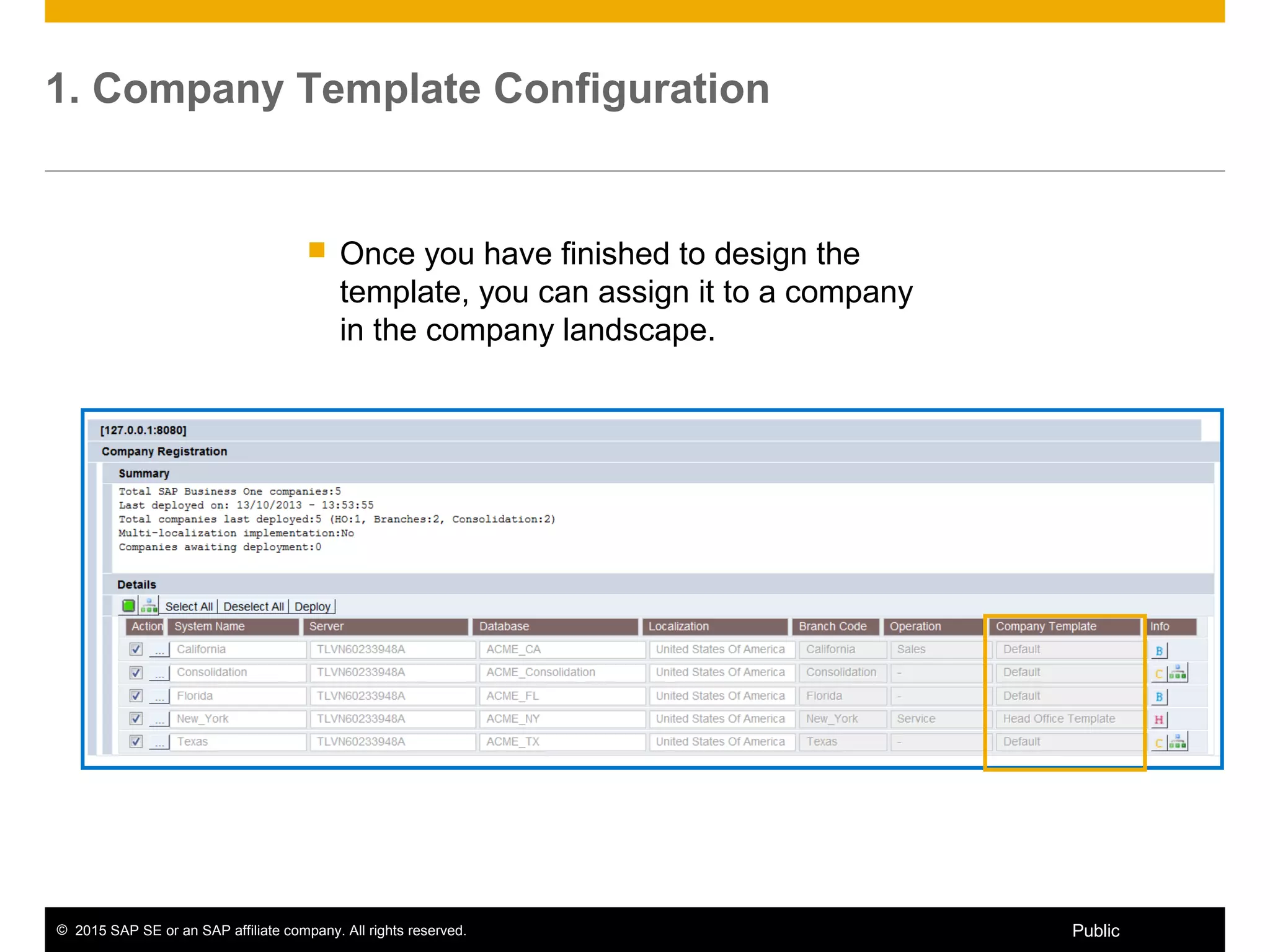 © 2015 SAP SE or an SAP affiliate company. All rights reserved. 12Public
1. Company Template Configuration
 Once you have finished to design the
template, you can assign it to a company
in the company landscape.
 